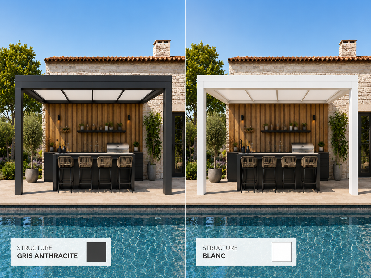 Pergola aluminium autoportante disponible en gris anthracite ou blanc, aménagée avec une cuisine extérieure et un espace bar au bord d’une piscine.